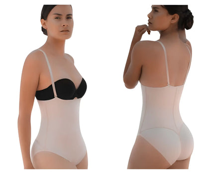 Black and beige vedette 5108 strapless body shaper butt lifter with adjustable straps in nude color shown from the back