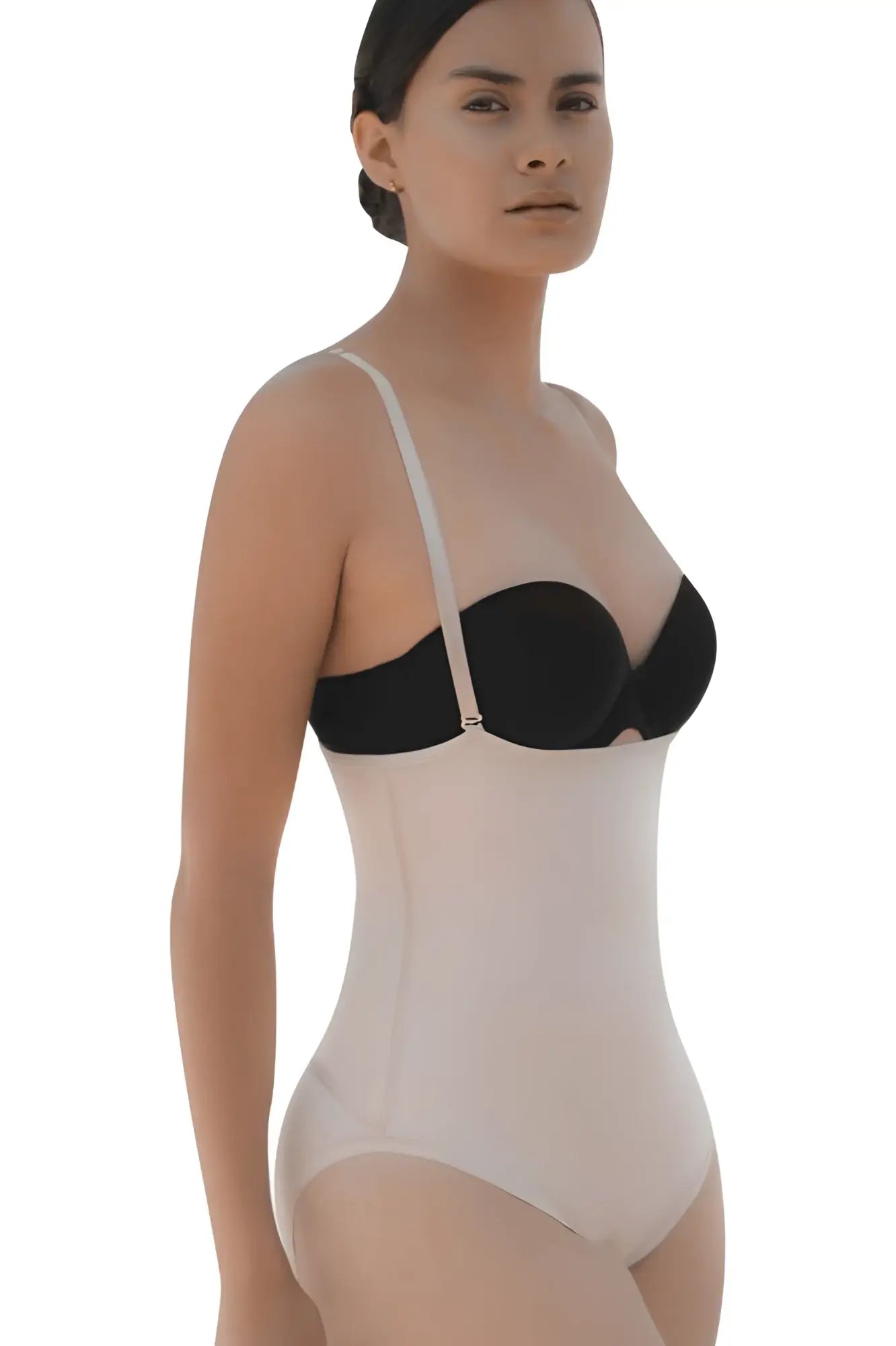 Black and beige vedette 5108 strapless body shaper with thin straps and butt lifter in nude color front view