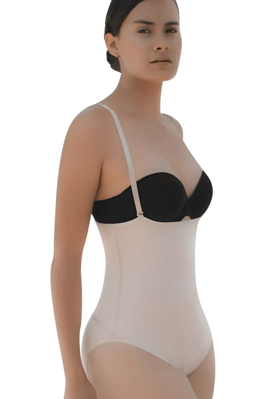 Black and beige vedette 5108 strapless body shaper with thin straps and butt lifter in nude color front view