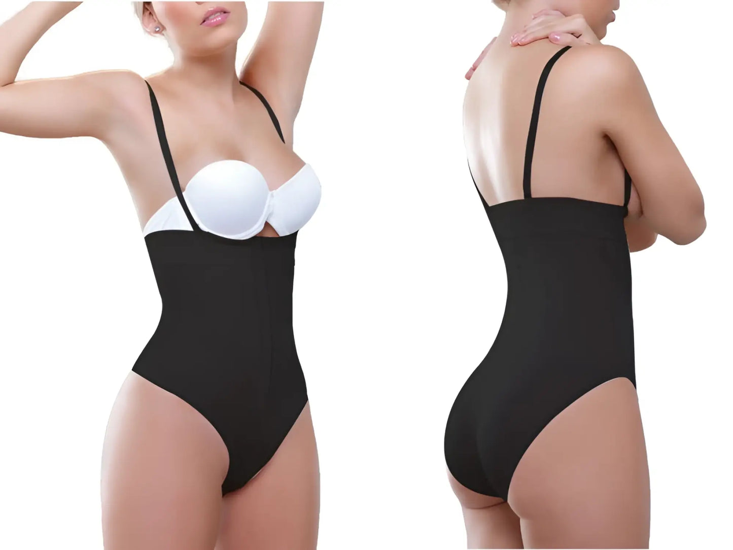 Black Vedette 905 Anastasia strapless waist nipper bodysuit with thin straps and white underwire bra insert