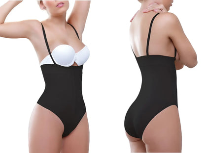Black Vedette 905 Anastasia strapless waist nipper bodysuit with thin straps and white underwire bra insert