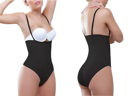 Black Vedette 905 Anastasia strapless waist nipper bodysuit with thin straps and white underwire bra insert