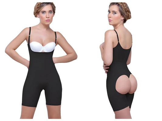 Black vedette 914 amelie open bottom mid thigh shapewear bodysuit with thin straps and white bra insert
