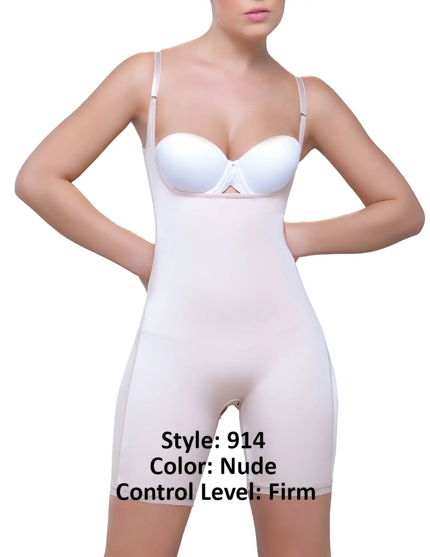 Nude firm-control shapewear bodysuit vedette 914 amelie with thin straps and built-in white bra mid-thigh length