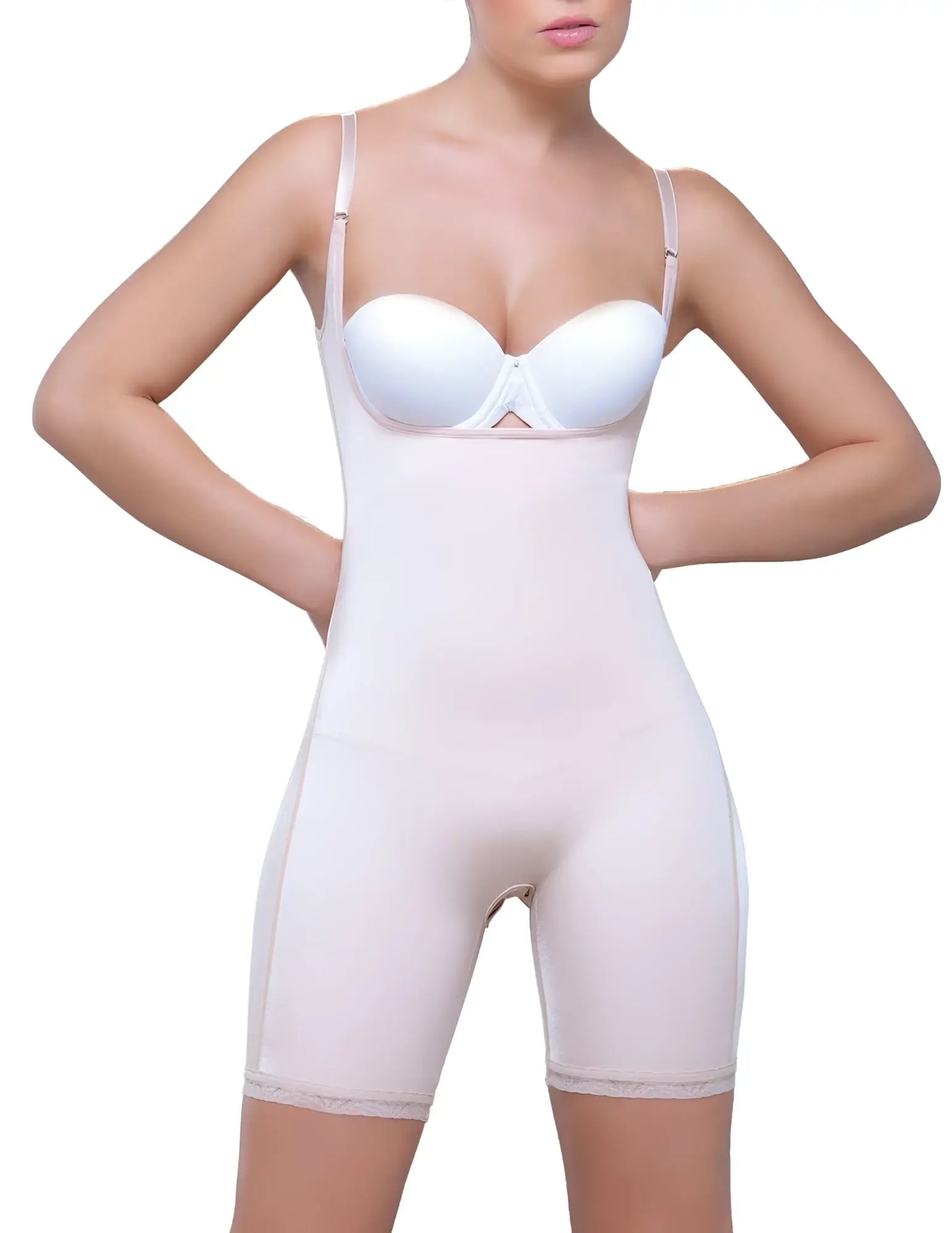 Vedette 914 Amelie nude seamless shapewear bodysuit with thin straps and built-in bra mid thigh shaper