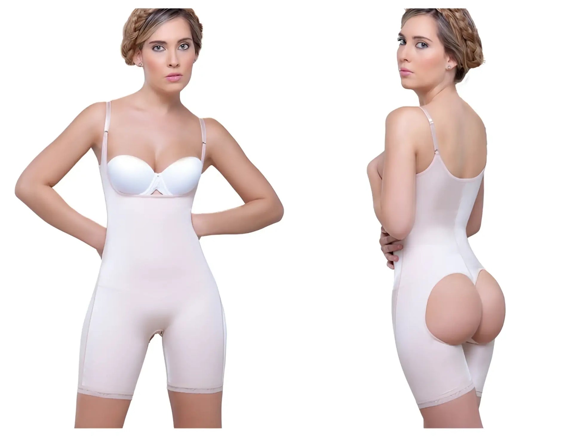 Vedette 914 Amelie nude seamless body shaping garment with thin straps and built-in bra cups for mid thigh shaping