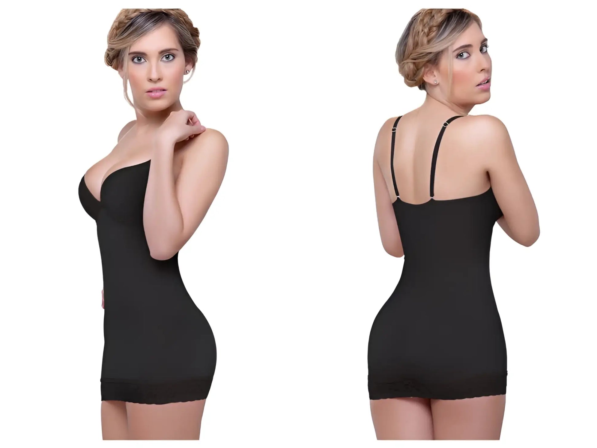 Black vedette 917 abella seamless bodycon dress with thin spaghetti straps and fitted shaping skirt bodysuit with bra
