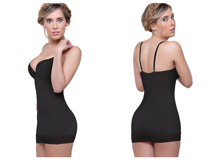 Black vedette 917 abella seamless bodycon dress with thin spaghetti straps and fitted shaping skirt bodysuit with bra