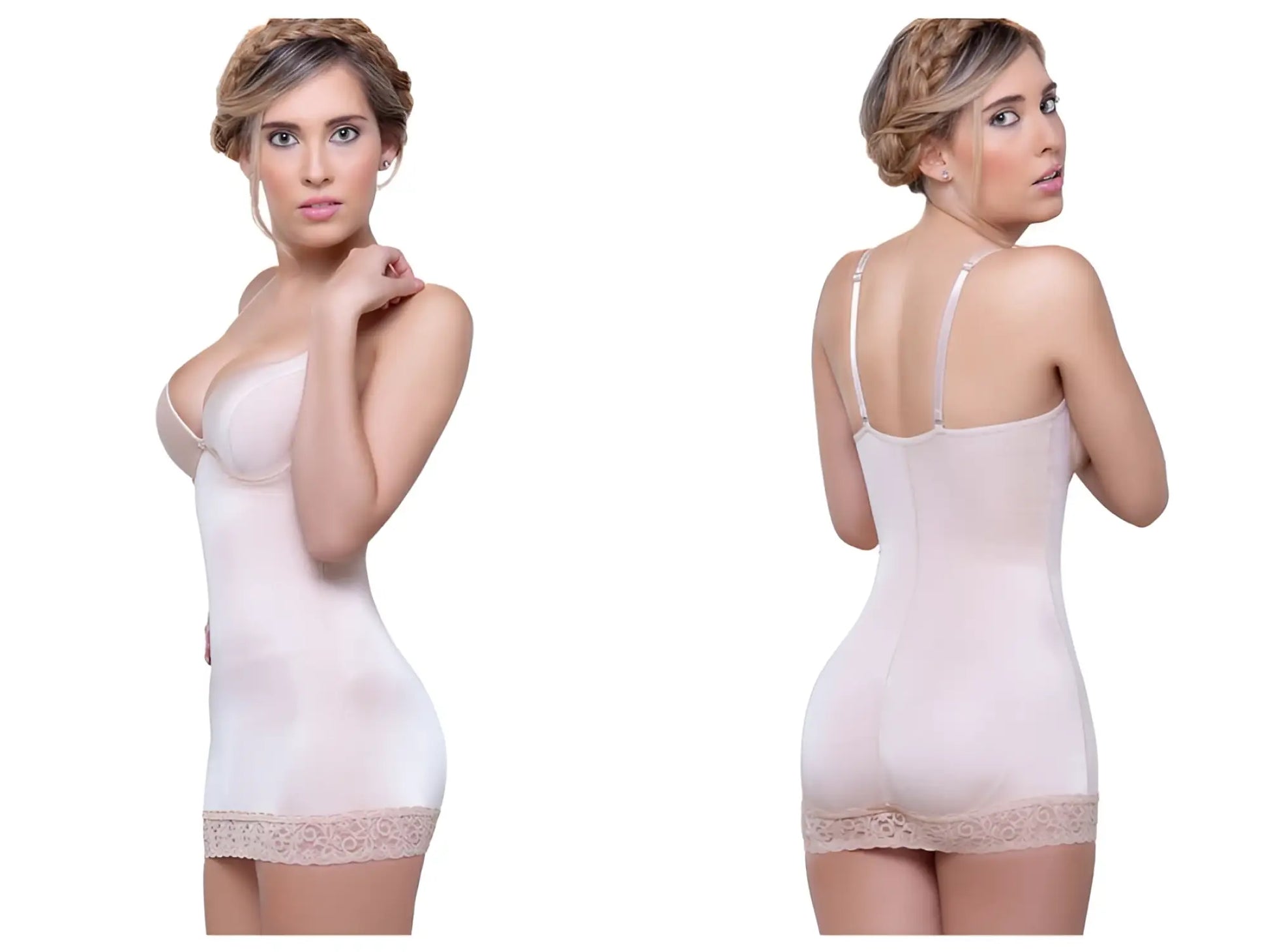 Vedette 917 Abella shaping skirt bodysuit nude color form-fitting body shaper dress with delicate lace trim hemline