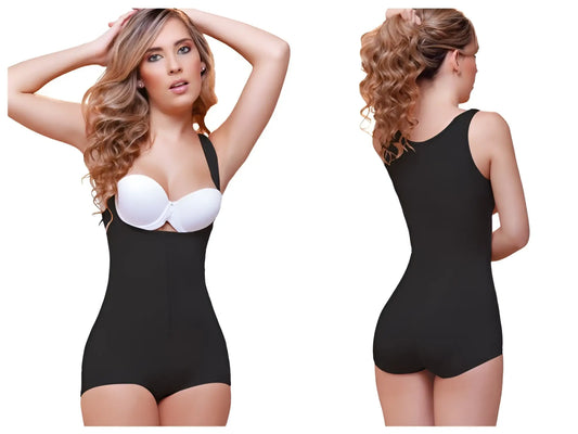 Black Vedette 936 Ariana high back wide strap shapewear with white underwire bra cups and adjustable straps