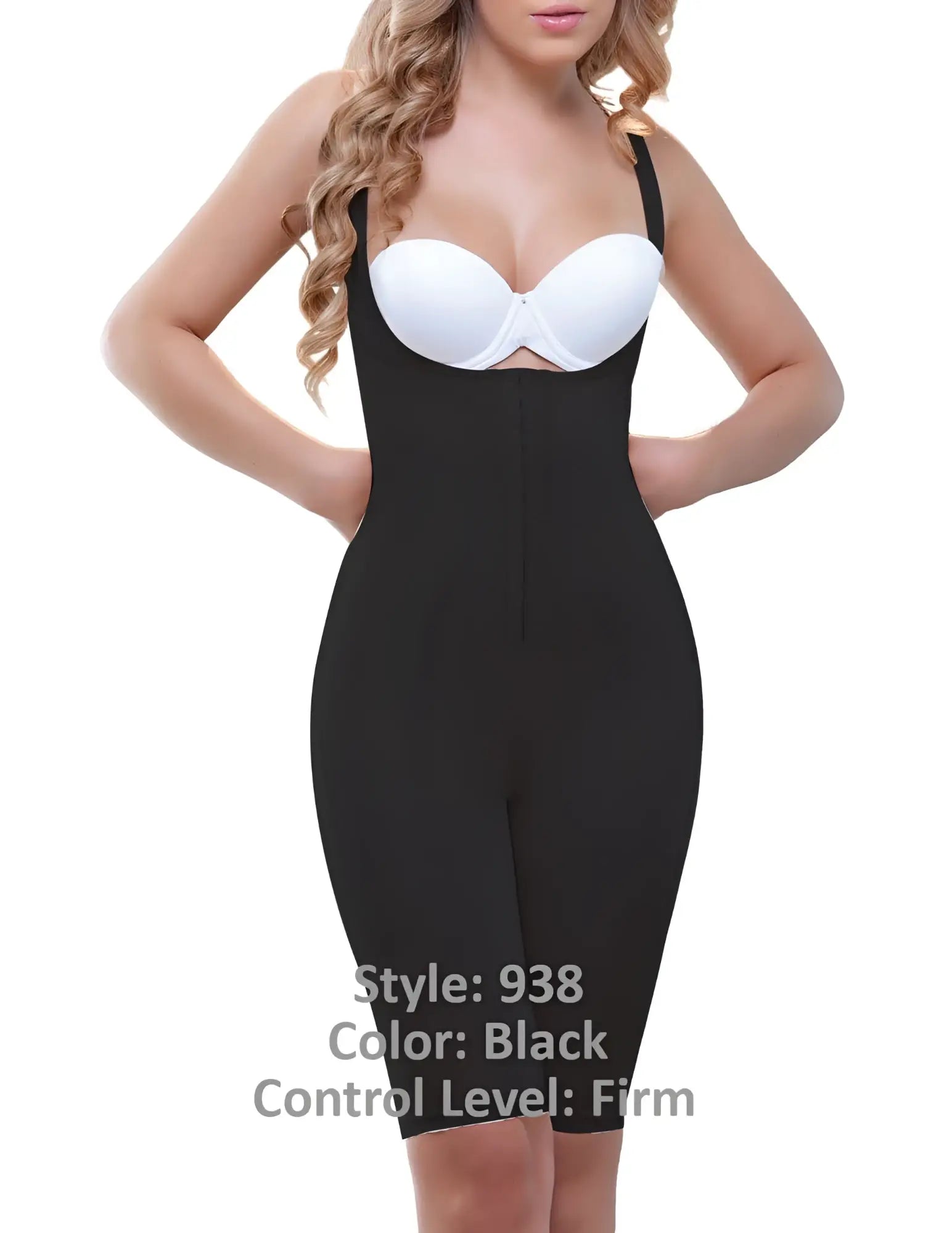 Black vedette 938 full body control suit with firm control and white underwire bra insert for shaping and support