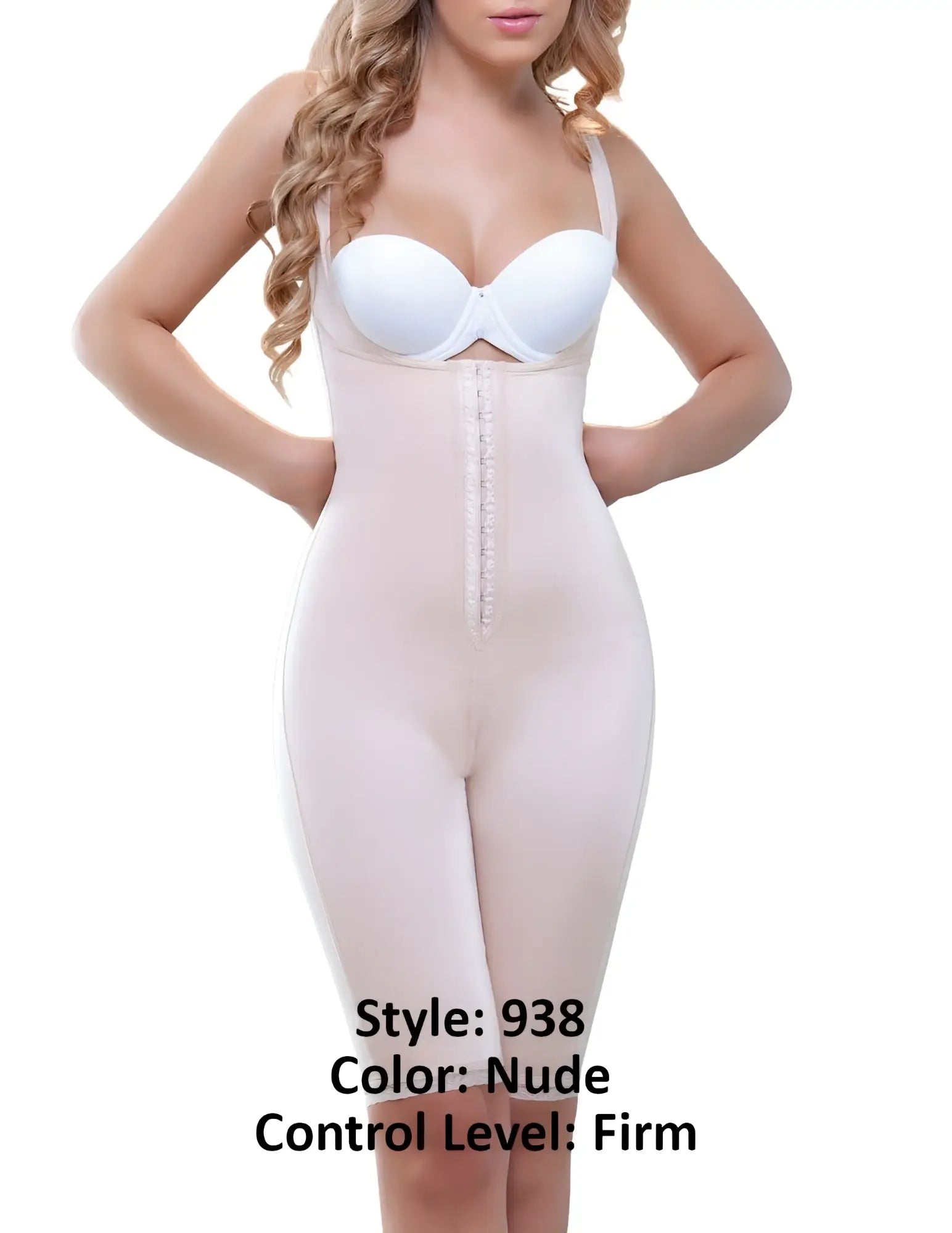 Nude-colored Vedette 938 full body control suit with firm control, front zipper, and thin shoulder straps