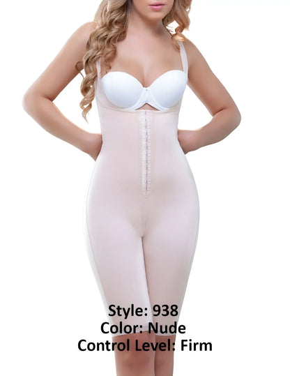 Nude-colored Vedette 938 full body control suit with firm control, front zipper, and thin shoulder straps
