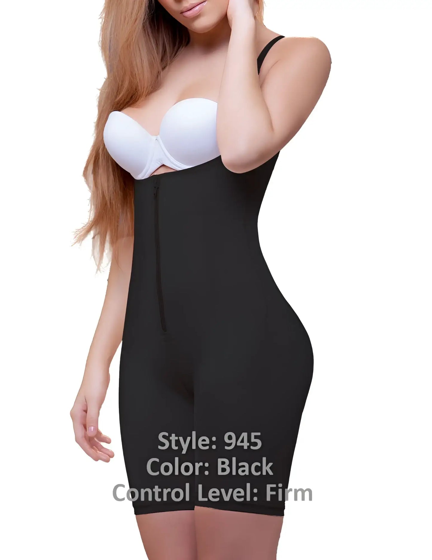 Black vedette 945 jiselle mid thigh full body shaper with front zipper firm control and sleek form fitting design