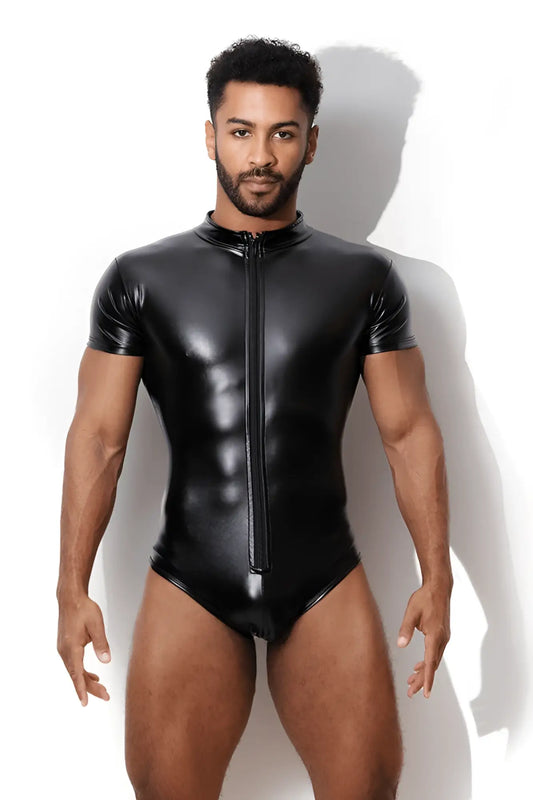 Black glossy vegan leather bodysuit with short sleeves and full-length front zipper for a sleek look