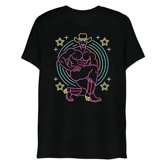 Black cotton t-shirt featuring neon pink and yellow muscular cowboy graphic with stars and circles titled Vegas Rick