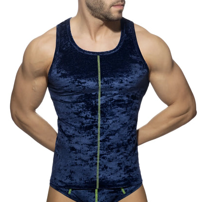 Deep blue velvet tank top with a contrasting lime green front zipper named Velvet Shady Tank Top