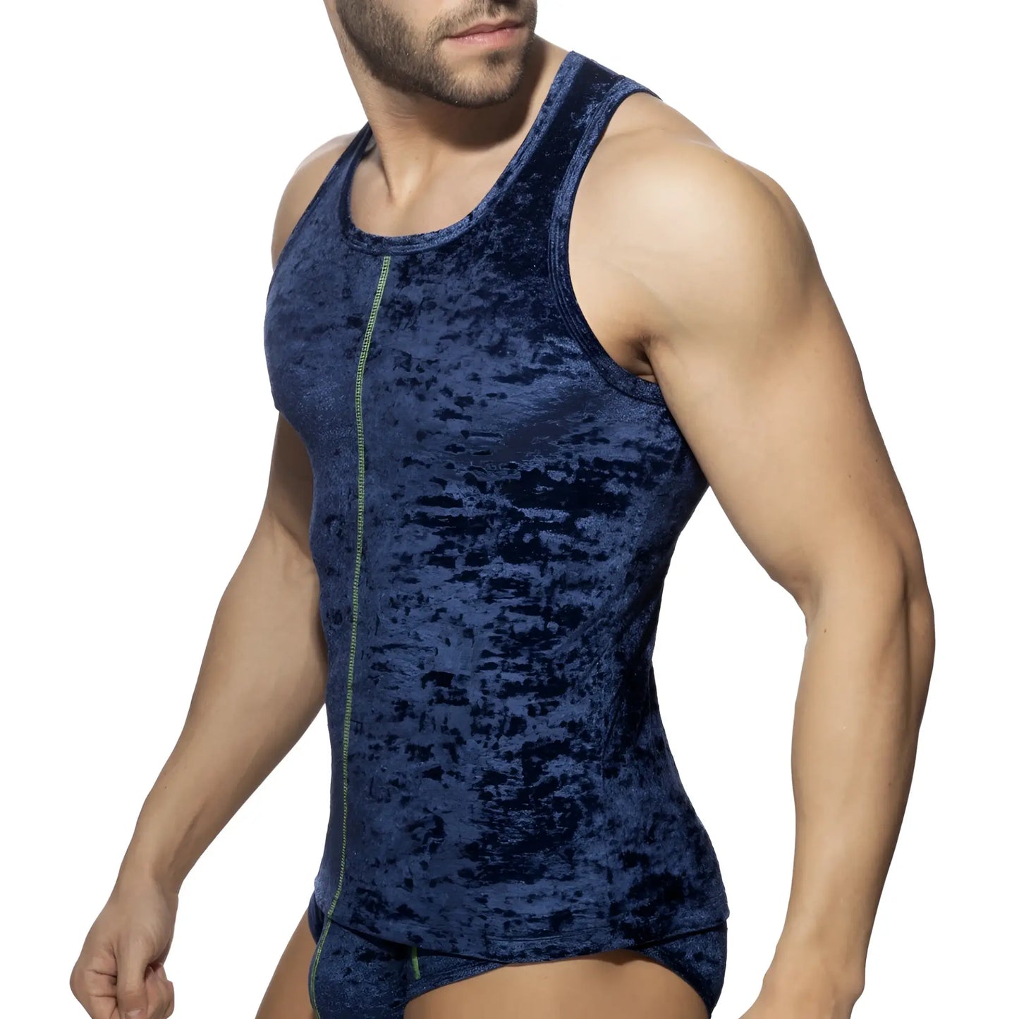 A navy blue velvet velvet shady tank top with a central zipper detail perfect for stylish casual wear
