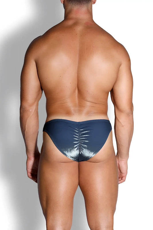 Dark blue metallic velvety scrunch-butt bikini briefs showing the ruched back design