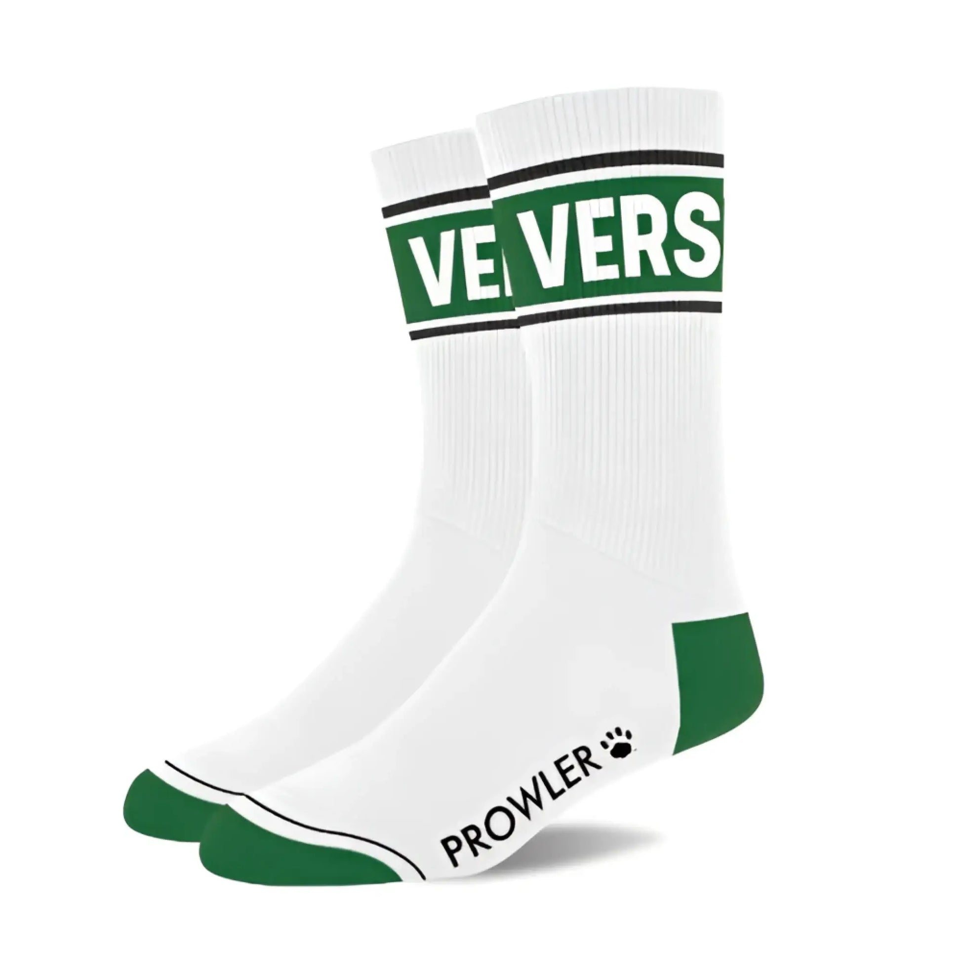 White crew vers socks with green accents black trim and prowler brand name near the heel