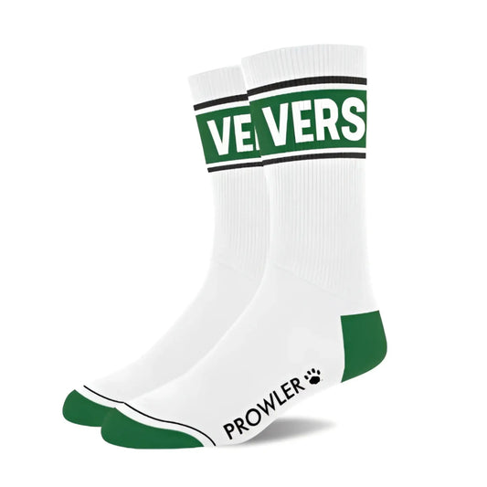 White crew vers socks with green accents black trim and prowler brand name near the heel