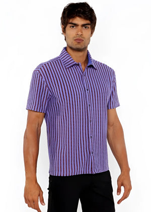 Purple and dark purple checkered short-sleeved button-up shirt with vertical stripe open stretch knit fabric