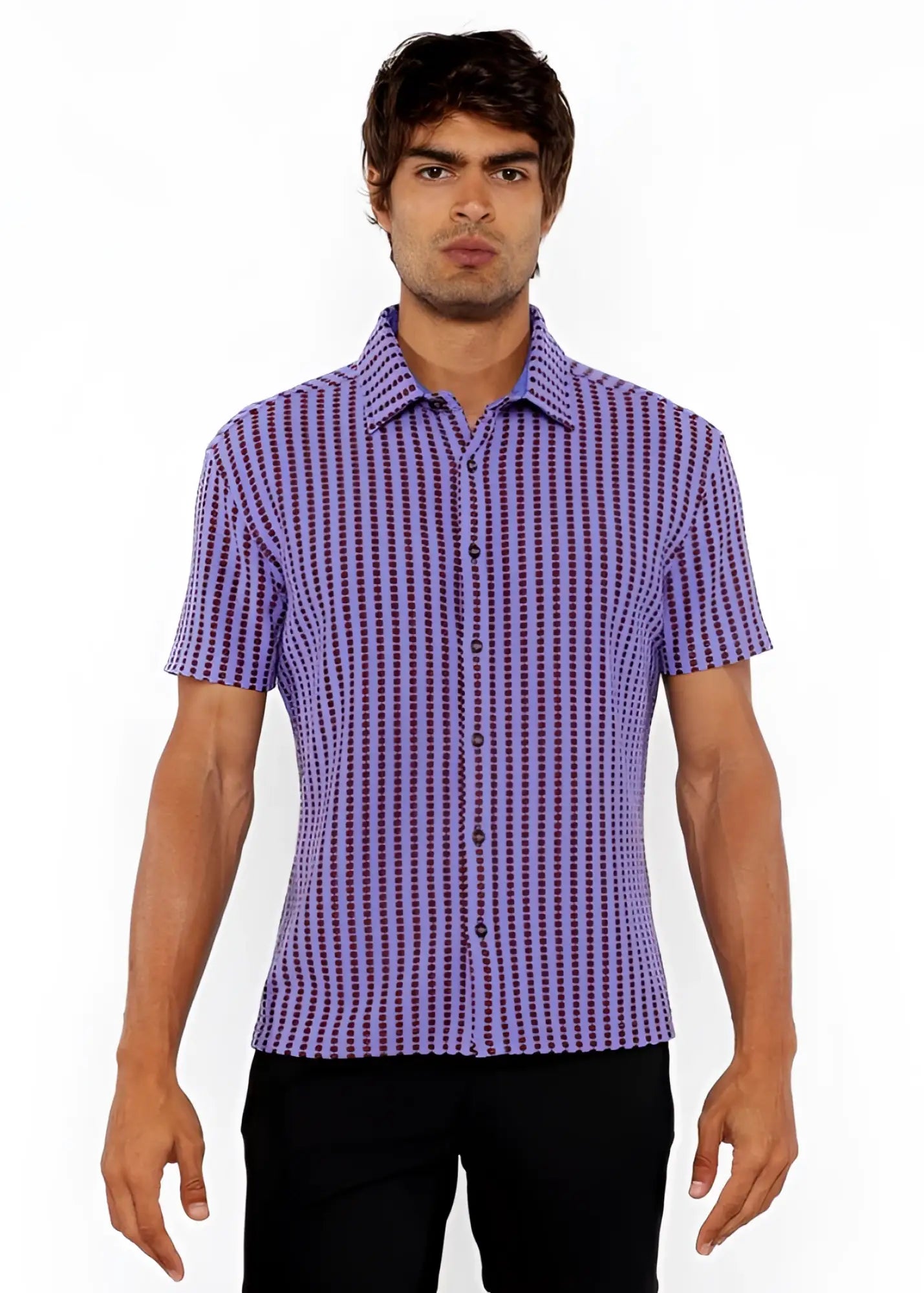 Vertical stripe open stretch knit shirt in purple and dark purple with short sleeves and button-up front