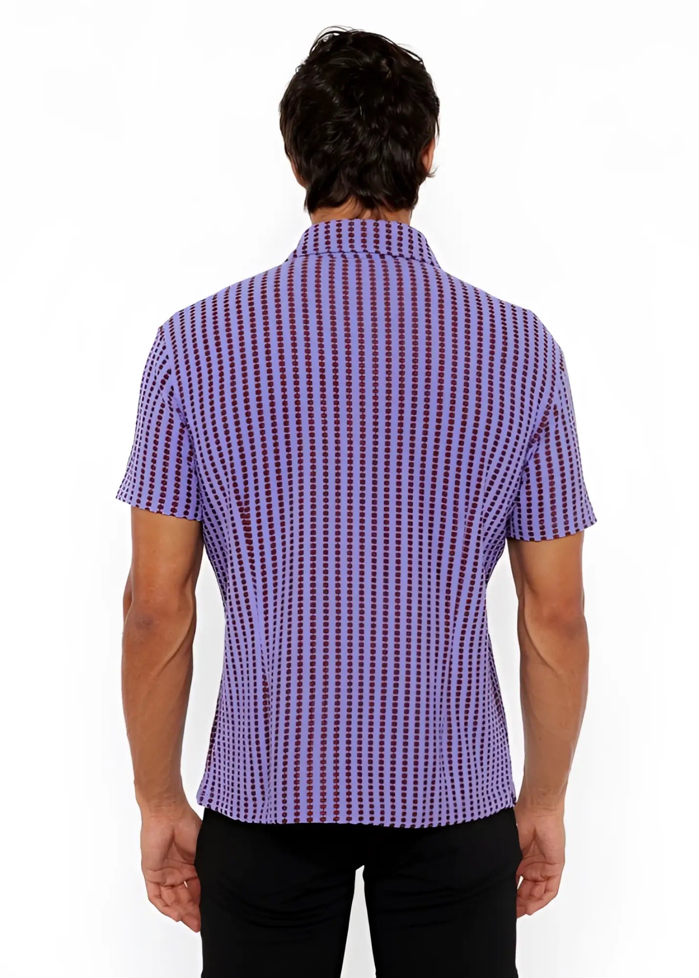 Vertical stripe open stretch knit shirt in purple and dark purple with short sleeves and a textured weave