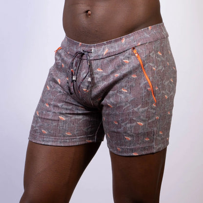 Vintage stripes linen texture shorts in gray with subtle pattern orange fish motifs drawstring waist and orange zipper pocket