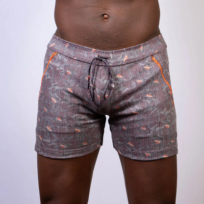 Gray vintage stripes linen texture shorts with subtle pattern small orange fish and bright orange side zippers