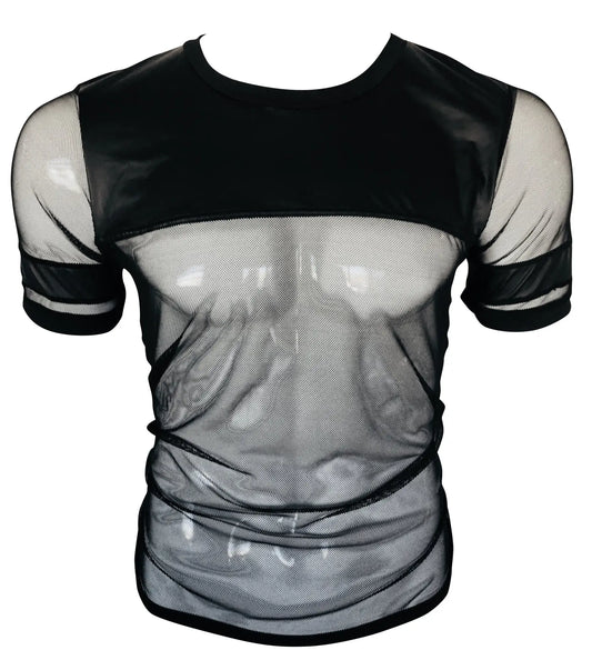 Black vinyl and mesh tee with short sleeves sheer panels and solid black trim for stylish casual wear