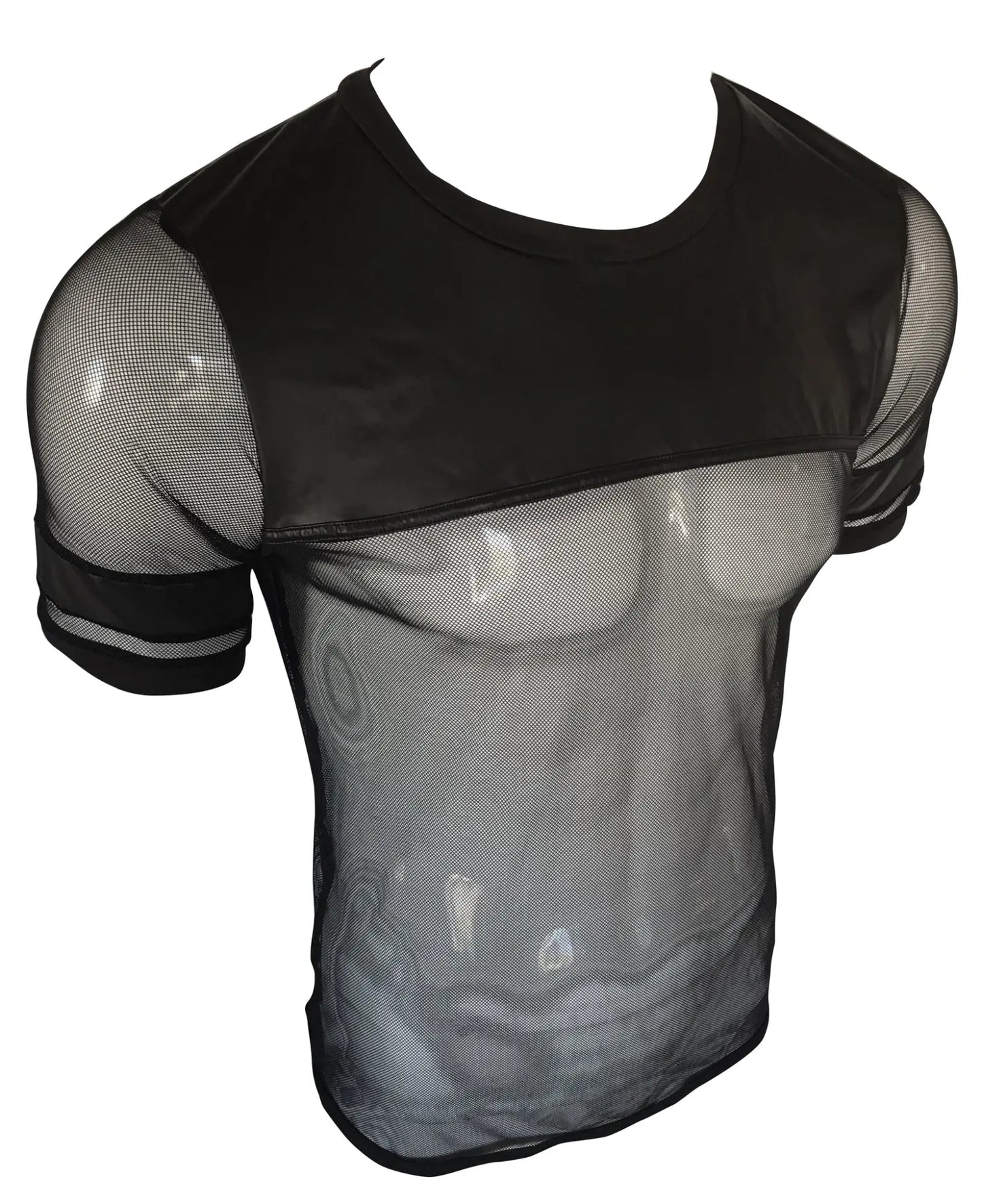 Black mesh short-sleeved vinyl and mesh tee with solid black panel across chest and shoulders in front view