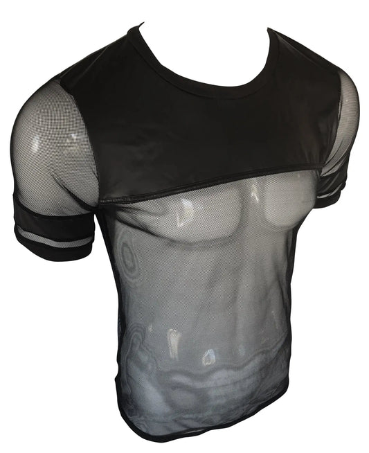 Black mesh short-sleeved vinyl and mesh tee with solid black panel across chest and shoulders in front view
