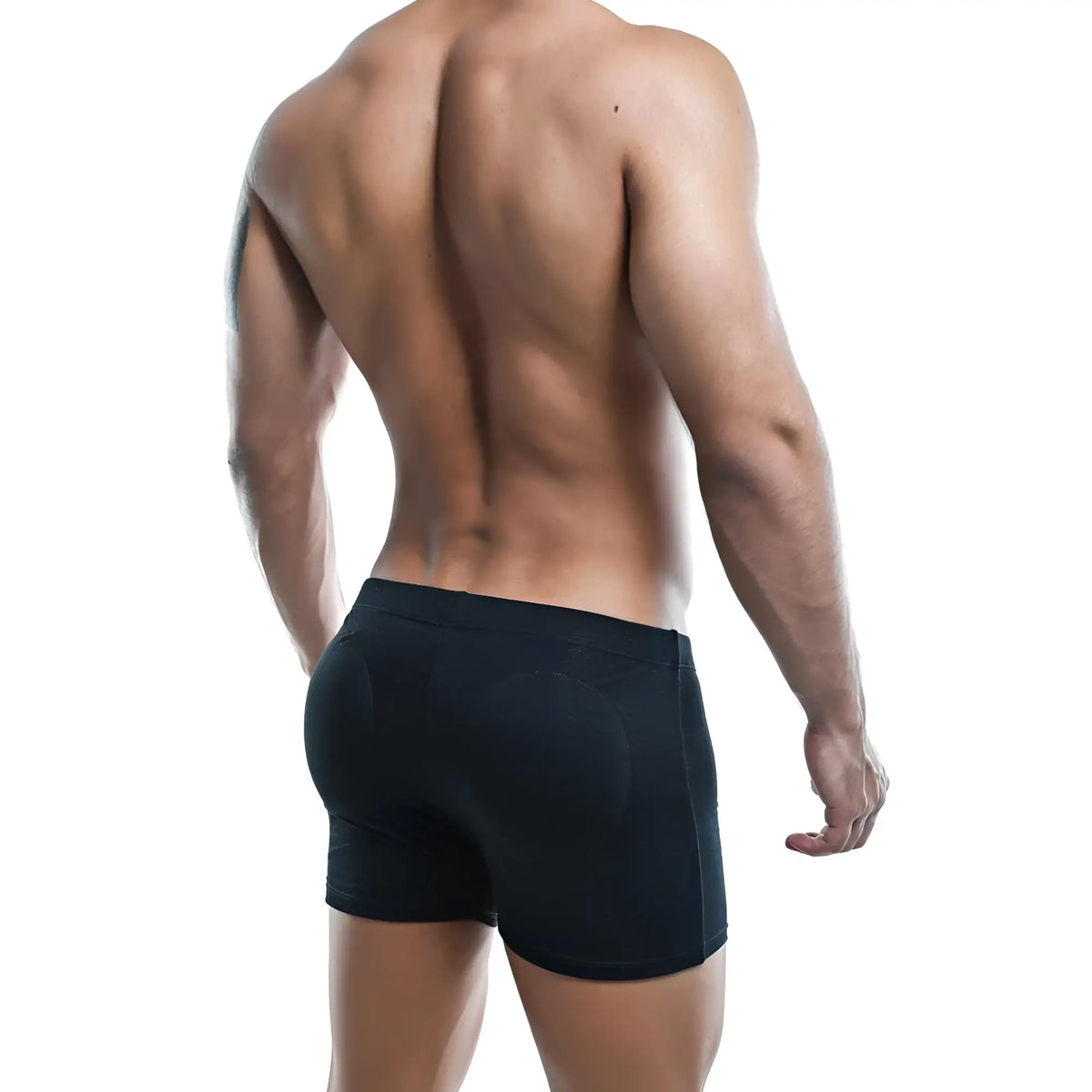 Black virile VLG001 boxer trunk briefs with smooth form-fitting fabric and subtle side seams, front view