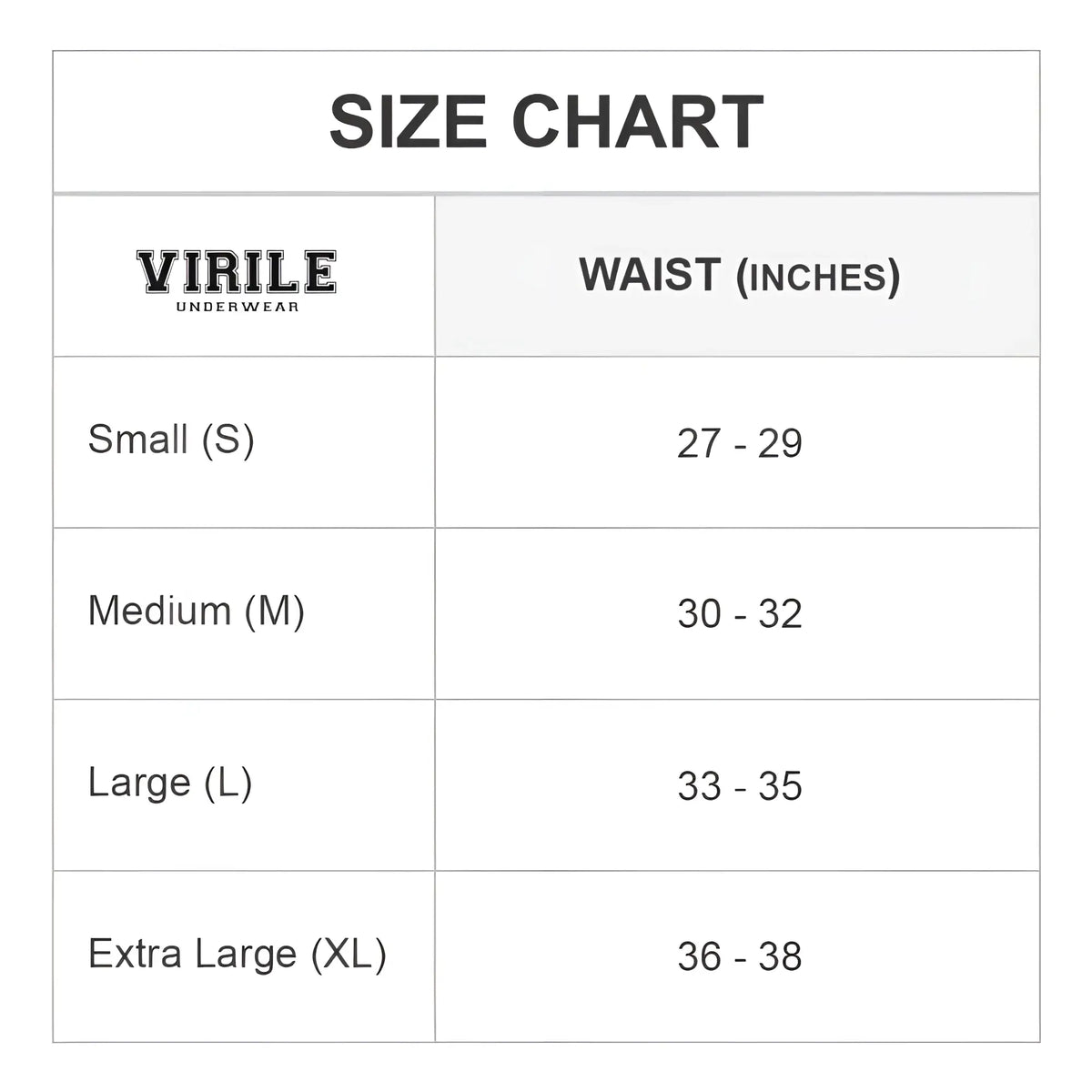 Virile VLG001 boxer trunk size chart showing waist measurements for small medium large and extra large sizes