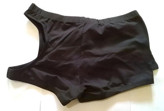 Black vizeau device pocket cut out square cut trunk swimwear in size small with elastic waist and smooth shiny fabric