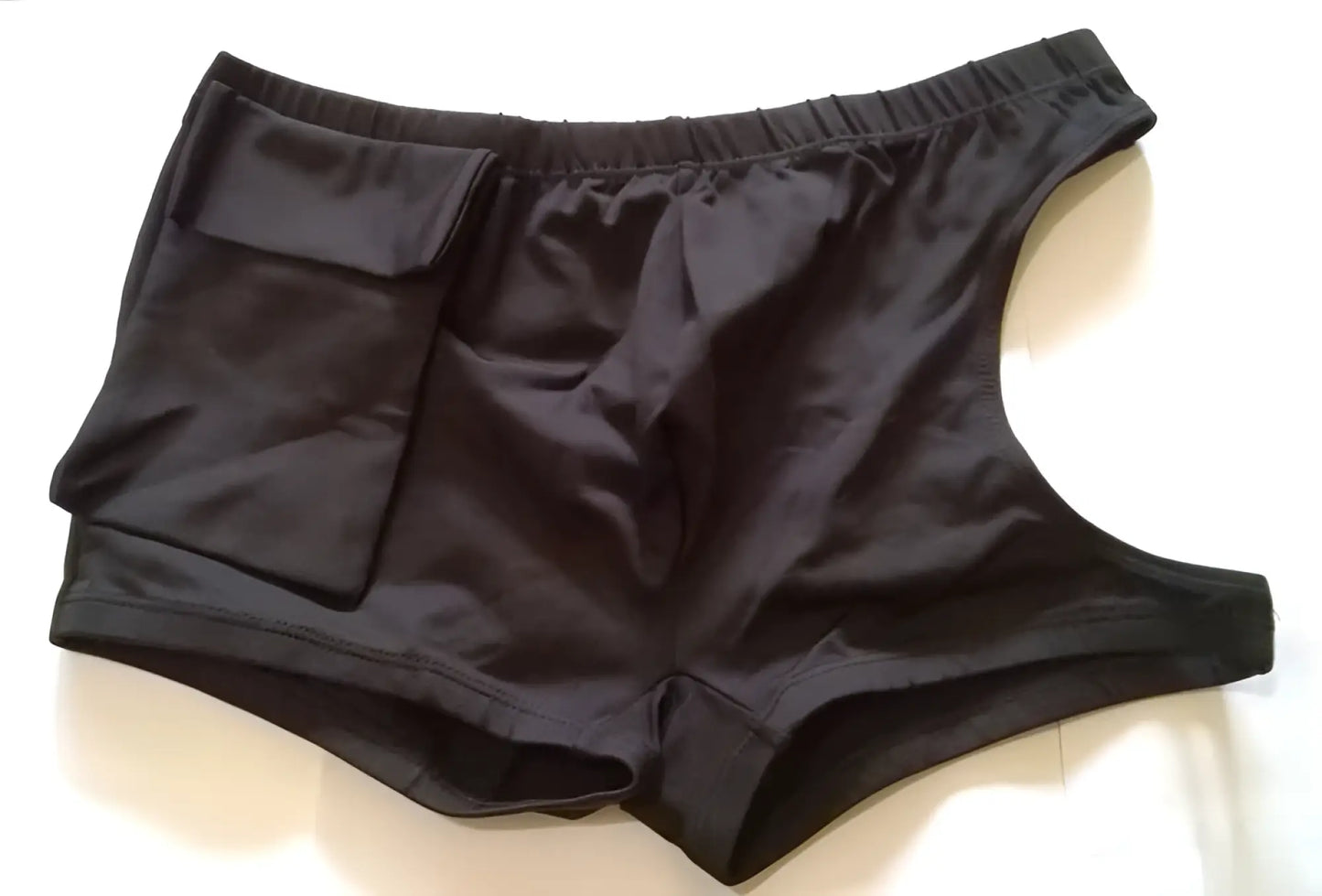 Black satin vizeau device pocket cut out square cut trunk swimwear with elastic waistband and front pocket size s