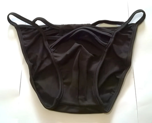 Black smooth-textured fabric strapwork bikini swimwear briefs with thin elastic straps size s back view