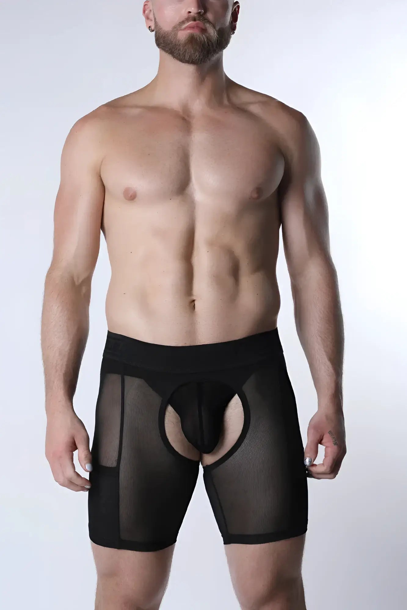 Black sheer mesh briefs void chap short with solid waistband and reinforced side panels