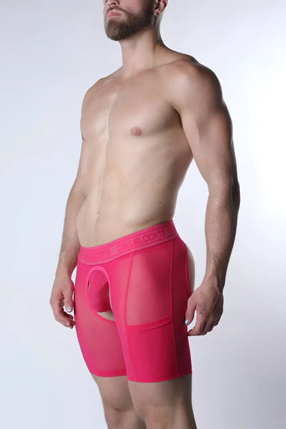 Bright pink void chap short boxer briefs with sheer mesh fabric and solid waistband for breathable comfort
