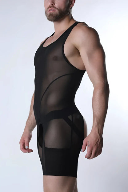 Black sheer mesh bodycon bodysuit with opaque paneling and reinforced straps from void mesh body suit collection