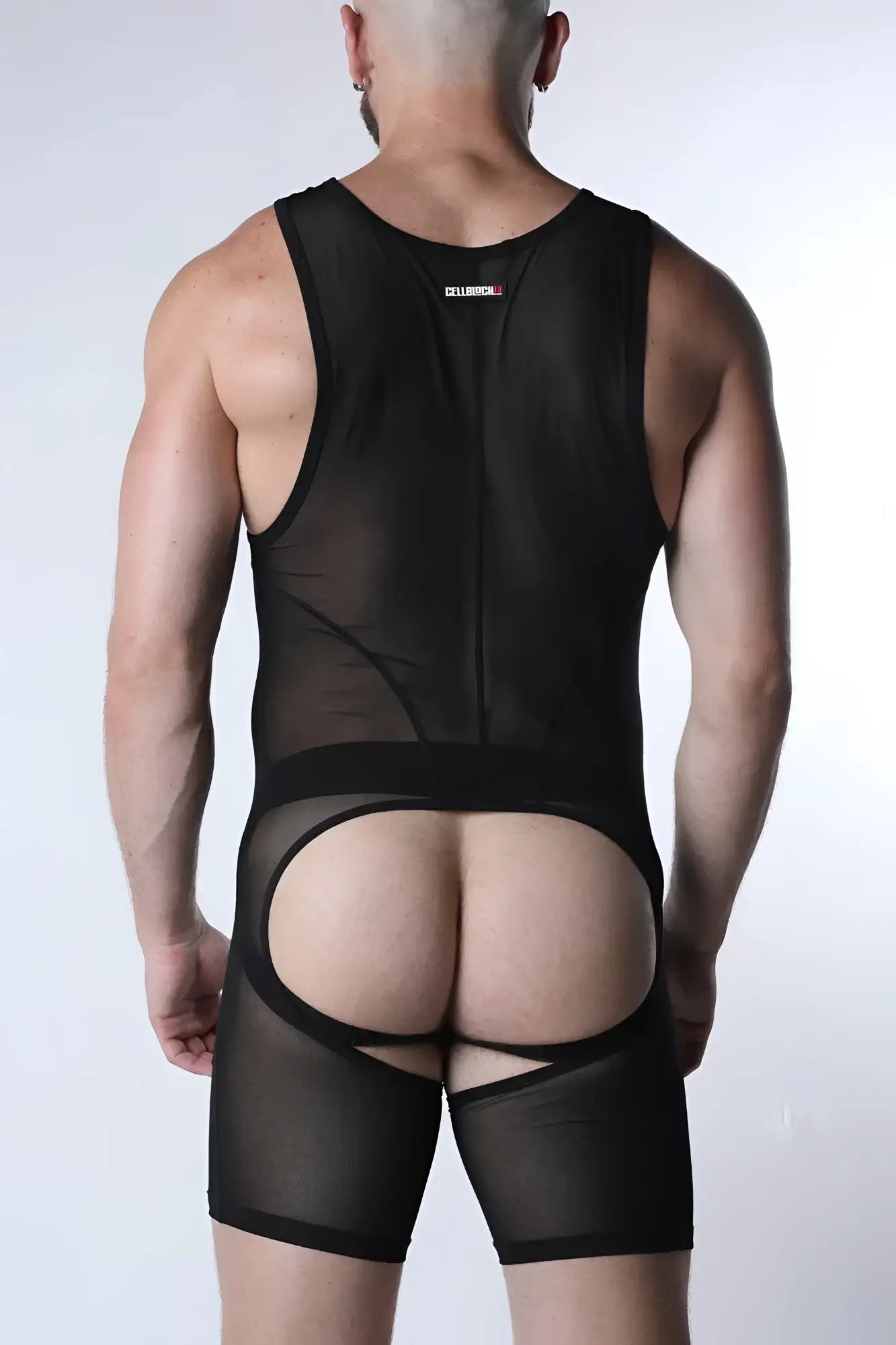 Back view of void mesh body suit in black sheer mesh with bold rear cutout and reinforced elastic waistband