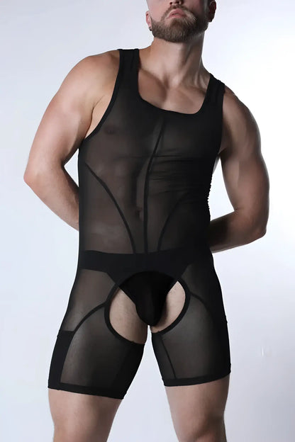 Black sheer mesh void mesh bodysuit with reinforced fabric panels and cutout design in front view