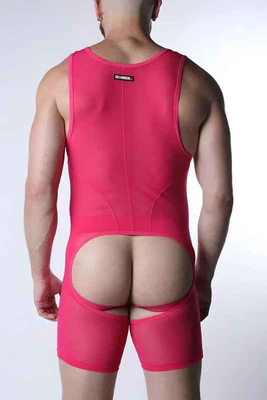 Back view of void mesh body suit in bright pink sheer mesh with a distinctive rear cutout design