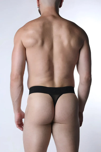 Black sheer mesh thong with a solid waistband showing the back side in void mesh thong design