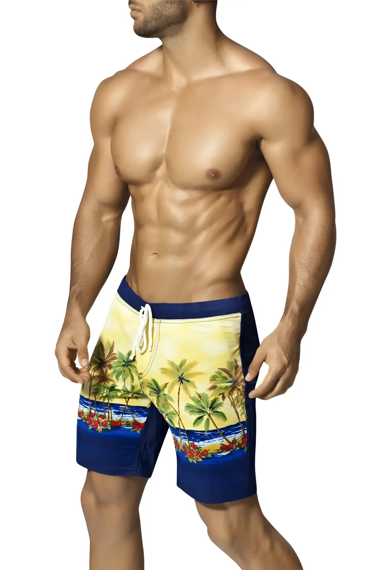 Men’s vuthy palm tree boardshorts in blue and yellow with palm and flower pattern and navy side panels and waistband