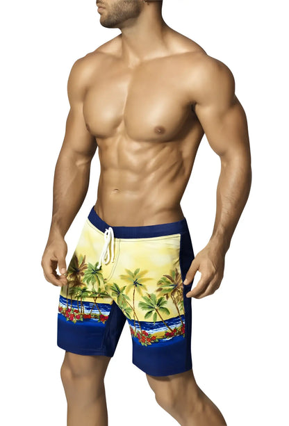 Men’s vuthy palm tree boardshorts in blue and yellow with palm and flower pattern and navy side panels and waistband