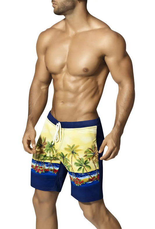 Men’s vuthy palm tree boardshorts in blue and yellow with palm and flower pattern and navy side panels and waistband