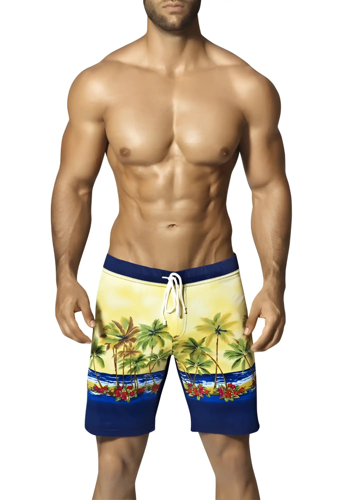 Vuthy palm tree boardshorts beachwear blue yellow medium with vibrant tropical print swim trunks and palm tree sides