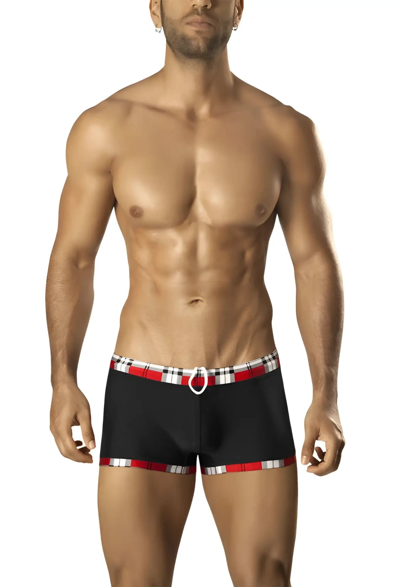 Black vuthy swim trunks with red and white plaid waistband trim and white circular belt loop size xl